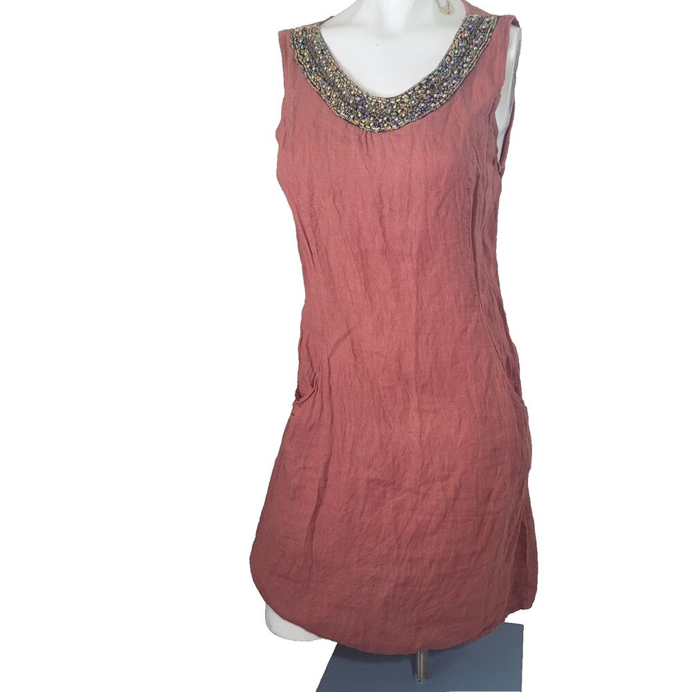 Lina Tomei Small dress Italy burnt orange stretch embellished beads pockets